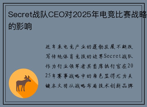 Secret战队CEO对2025年电竞比赛战略的影响